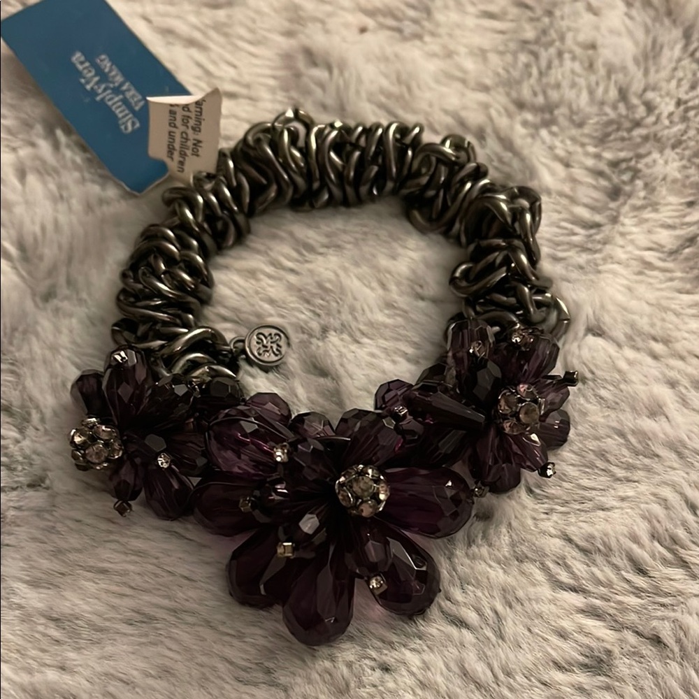 Elegant Plum Floral Bracelet pewter beaded